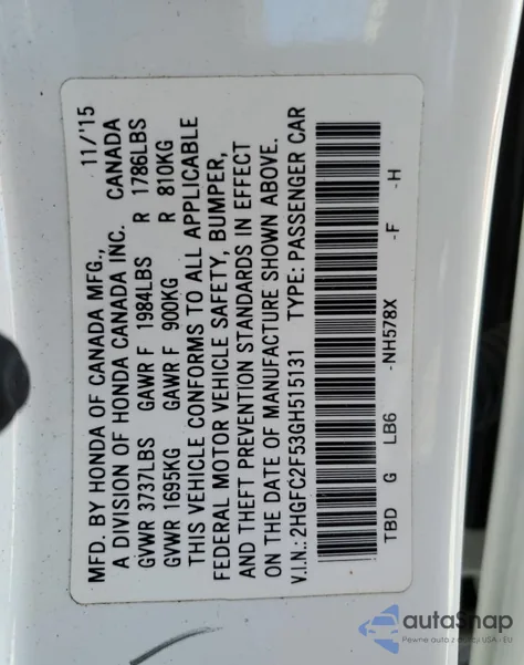 2016 Honda Civic Lx из США, поврежденный, VIN 2HGFC2F53GH515131